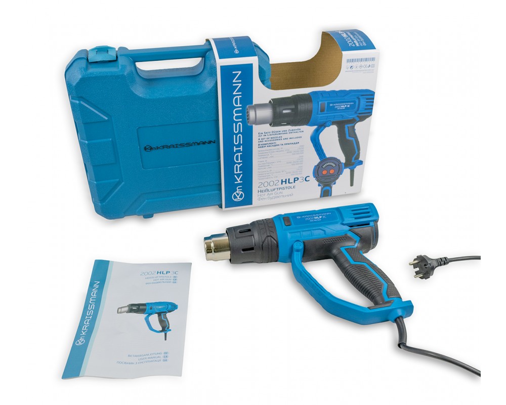 Фен будівельний Kraissmann 2002 HLP 3C (кейс, набір сопел та скребків)