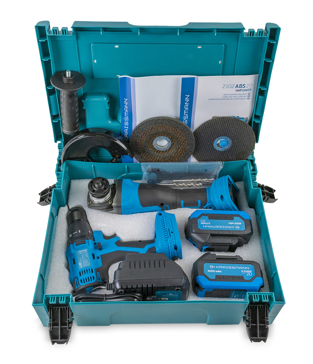 Набір Kraissmann 201 SAW 20MP: Акумуляторна кутова шліфмашина Kraissmann 1253 AWS-BL 20 MP + Шурупокрут Kraissmann 2102 ABS 20 MP